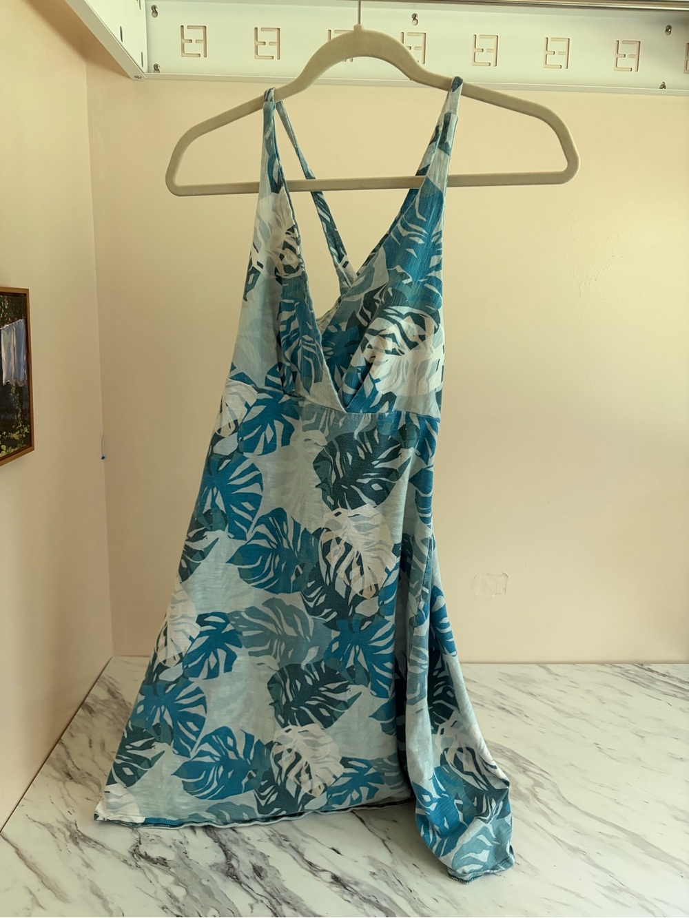 Patagonia Magnolia Spring Tropical Monstera Leaf Dress Blue Medium